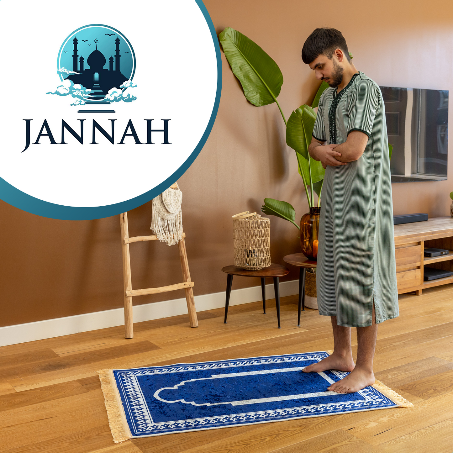 Jannah Islamitisch Gebedskleed - Blauw met wit