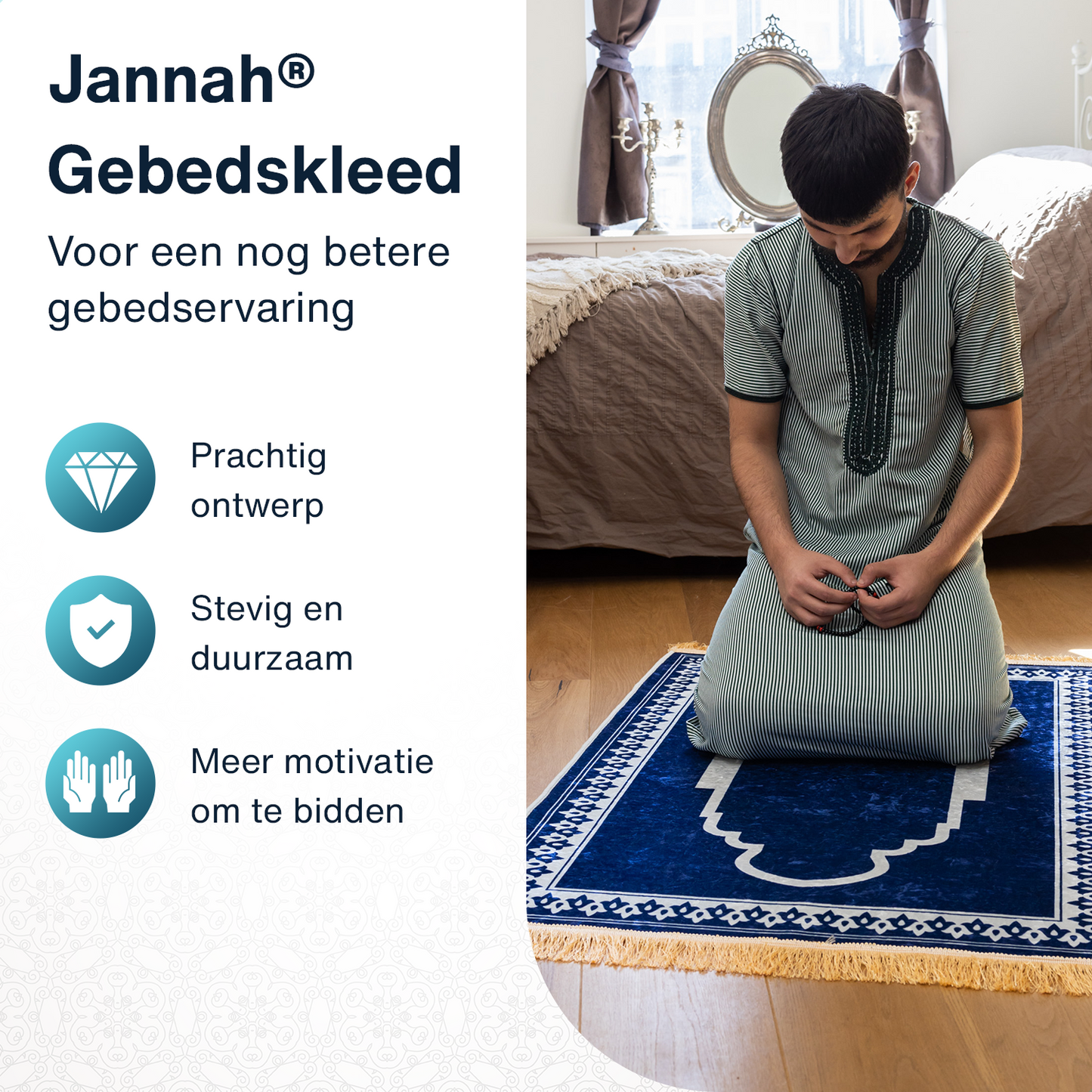 Jannah Islamic Prayer Rug - Blue with white